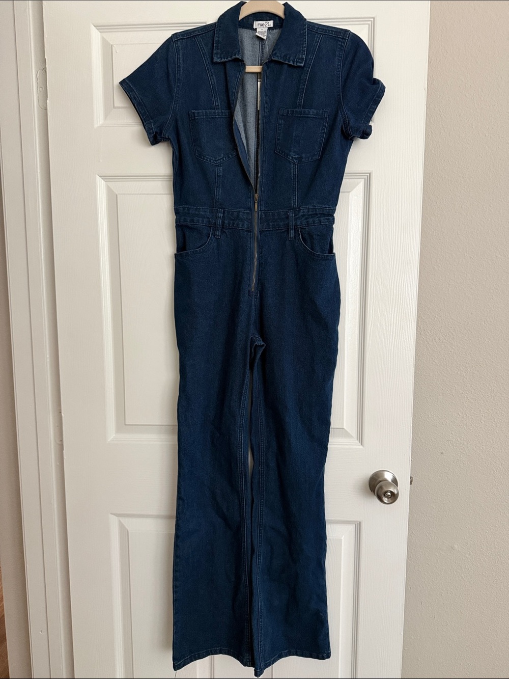 Rue21 Dark Navy Denim Short Sleeve Zip Front Jumpsuit